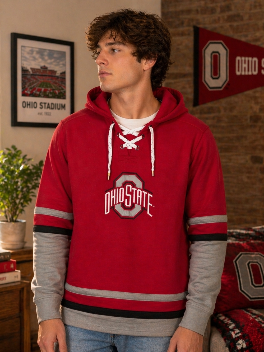Ohio State Men's Red Hooded Lace-Up Long Sleeve Shirt